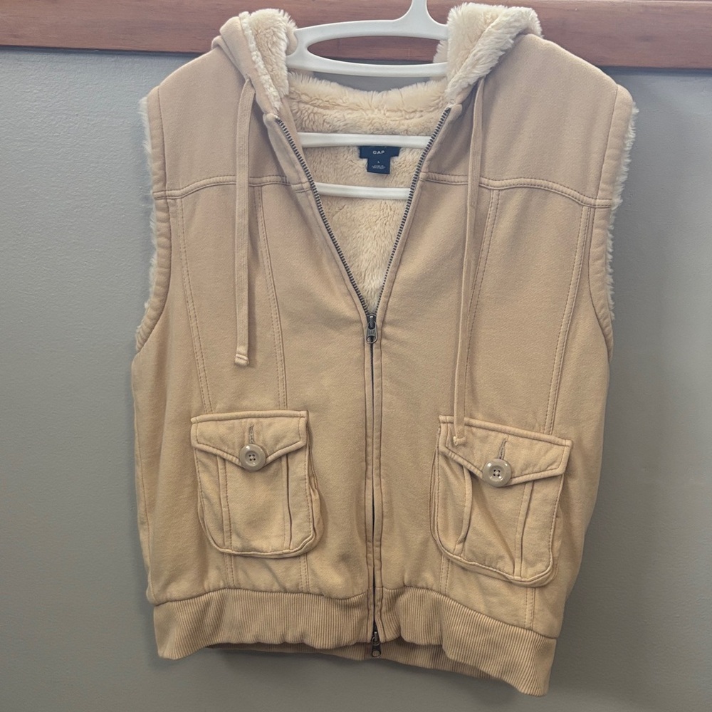 GAP Tan Hooded Vest with Faux Fur Lining